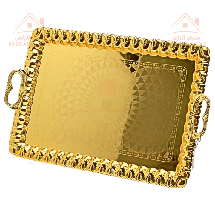 Gold Rectangle Serving Tray | Elegant Gold Finish | Premium Quality | Ornate Handles - Souk Al Ras