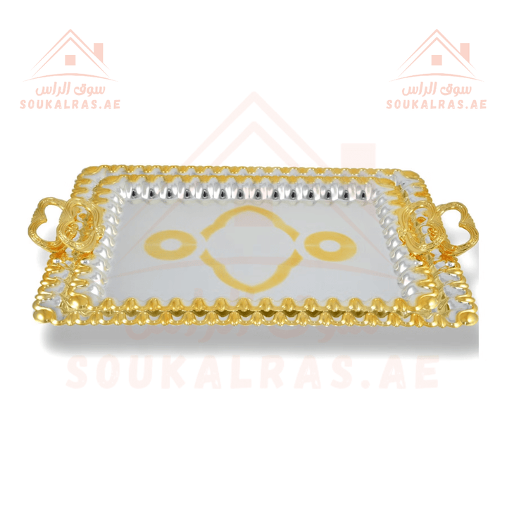 Gold Rectangular Tray Set | 2 - Piece Ornate Serving Tray Collection | Elegant Gold Finish - Souk Al Ras