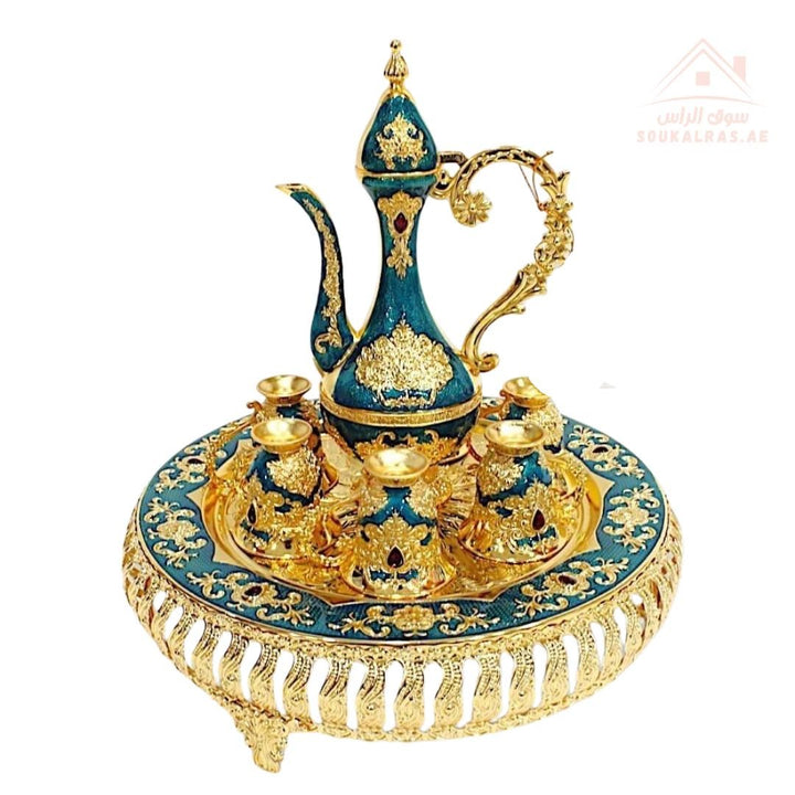 Golden Arabic Coffee Set – 8 - Piece Decorative Dallah Tray | Luxury Majlis Gift Set |Ideal for majlis settings, guest welcoming, or gift use - Souk Al Ras