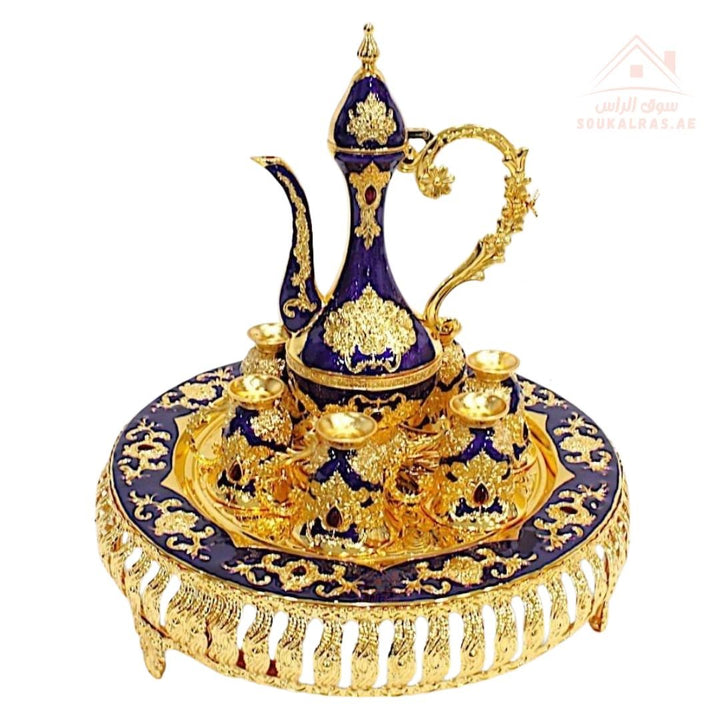 Golden Arabic Coffee Set – 8 - Piece Decorative Dallah Tray | Luxury Majlis Gift Set |Ideal for majlis settings, guest welcoming, or gift use - Souk Al Ras