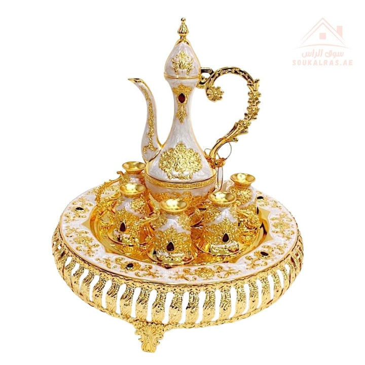 Golden Arabic Coffee Set – 8 - Piece Decorative Dallah Tray | Luxury Majlis Gift Set |Ideal for majlis settings, guest welcoming, or gift use - Souk Al Ras