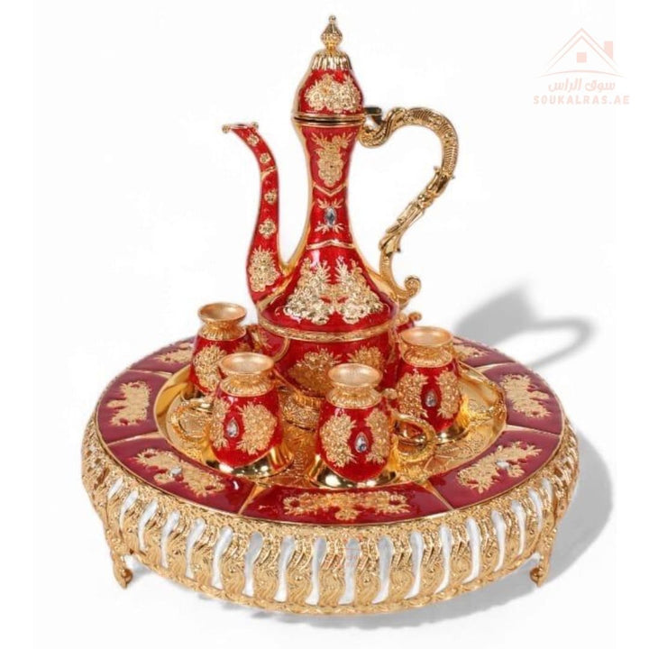 Golden Arabic Coffee Set – 8 - Piece Decorative Dallah Tray | Luxury Majlis Gift Set |Ideal for majlis settings, guest welcoming, or gift use - Souk Al Ras