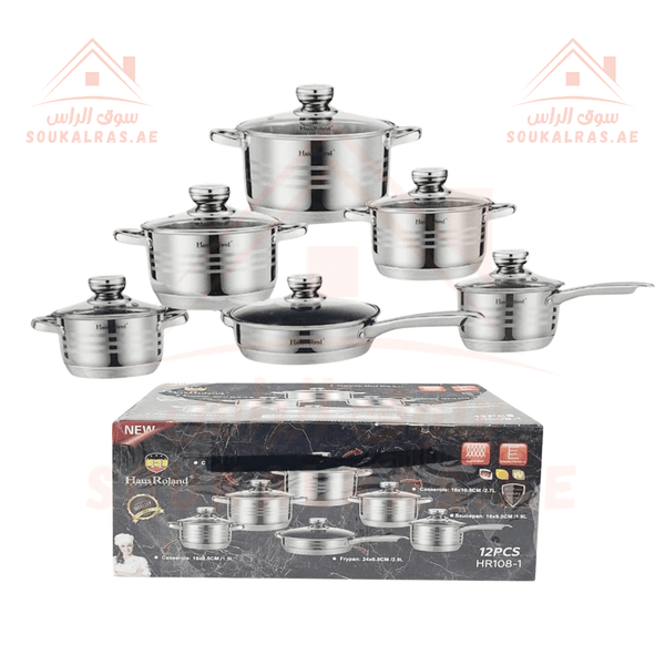 HausRoland 12 - Piece Stainless Steel Cookware Set | German Design| Premium 18/10 Stainless Steel Cooking Pots - Souk Al Ras