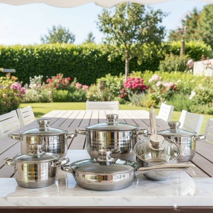 HausRoland 12 - Piece Stainless Steel Cookware Set | German Design| Premium 18/10 Stainless Steel Cooking Pots - Souk Al Ras