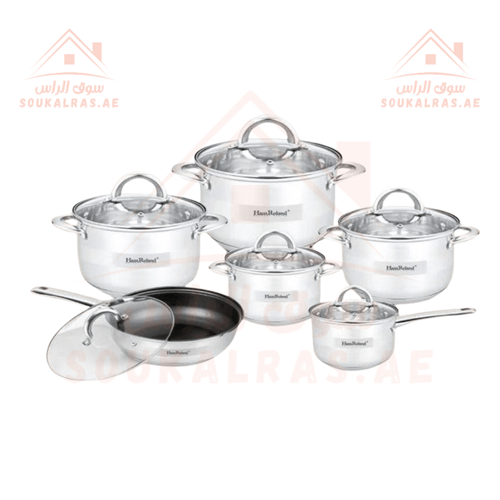 HausRoland 12 - Piece Stainless Steel Cookware Set | Made with German Technology | Premium 18/10 Stainless Steel Cooking Pots - Souk Al RasPots & Pans