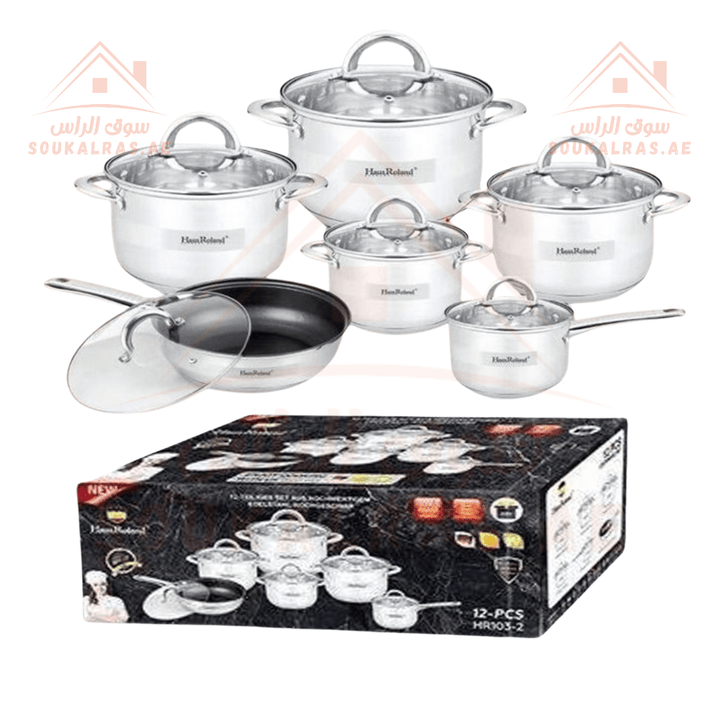 HausRoland 12 - Piece Stainless Steel Cookware Set | Made with German Technology | Premium 18/10 Stainless Steel Cooking Pots - Souk Al RasPots & Pans