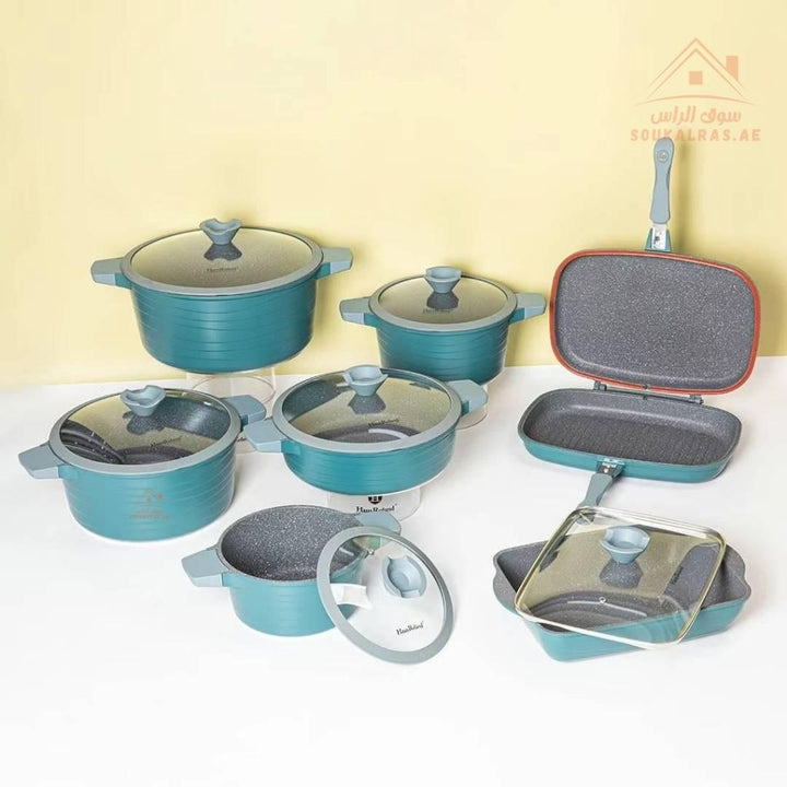 HausRoland 14 - Piece Granite Cookware Set | Premium Non - Stick Pots with Glass Lids & Double Grill Pan | Modern style that fits any kitchen décor - Souk Al Ras