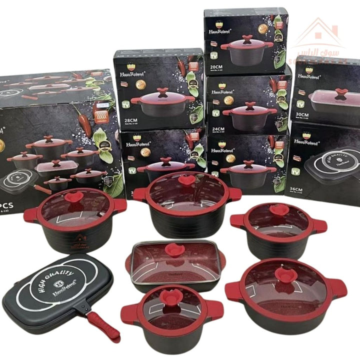 HausRoland 14 - Piece Granite Cookware Set | Premium Non - Stick Pots with Glass Lids & Double Grill Pan | Modern style that fits any kitchen décor - Souk Al Ras