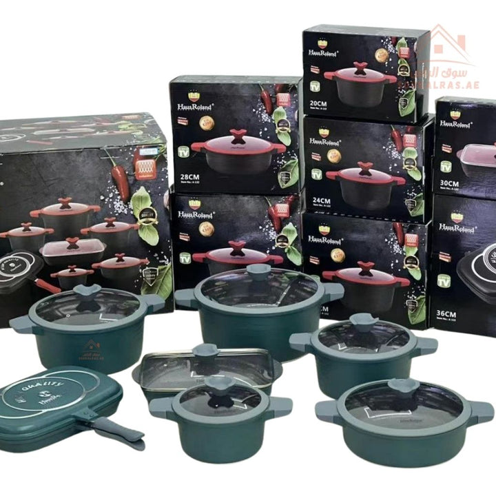 HausRoland 14 - Piece Granite Cookware Set | Premium Non - Stick Pots with Glass Lids & Double Grill Pan | Modern style that fits any kitchen décor - Souk Al Ras