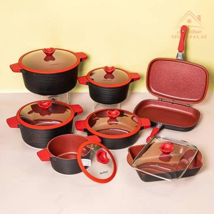 HausRoland 14 - Piece Granite Cookware Set | Premium Non - Stick Pots with Glass Lids & Double Grill Pan | Modern style that fits any kitchen décor - Souk Al Ras