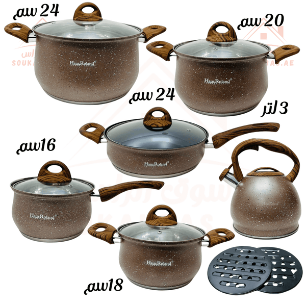 HausRoland 15 - Piece Granite Cookware Set | German Design | Premium Kitchenware | Stainless Steel Interior - Souk Al Ras