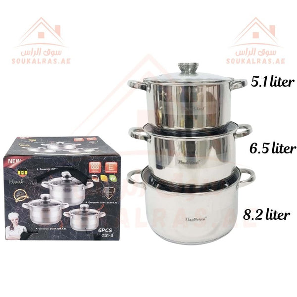 HausRoland 6 - Piece Stainless Steel Cookware Set(5.1 L - 6.5L - 8.2L) | German Design| Premium 18/10 Stainless Steel Cooking Pots. - Souk Al Ras