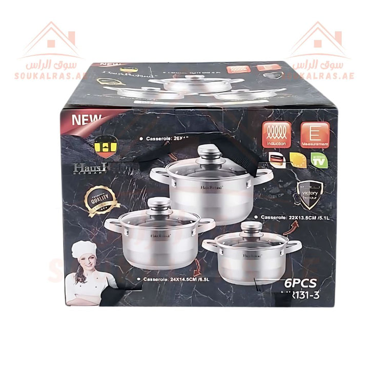 HausRoland 6 - Piece Stainless Steel Cookware Set(5.1 L - 6.5L - 8.2L) | German Design| Premium 18/10 Stainless Steel Cooking Pots. - Souk Al Ras