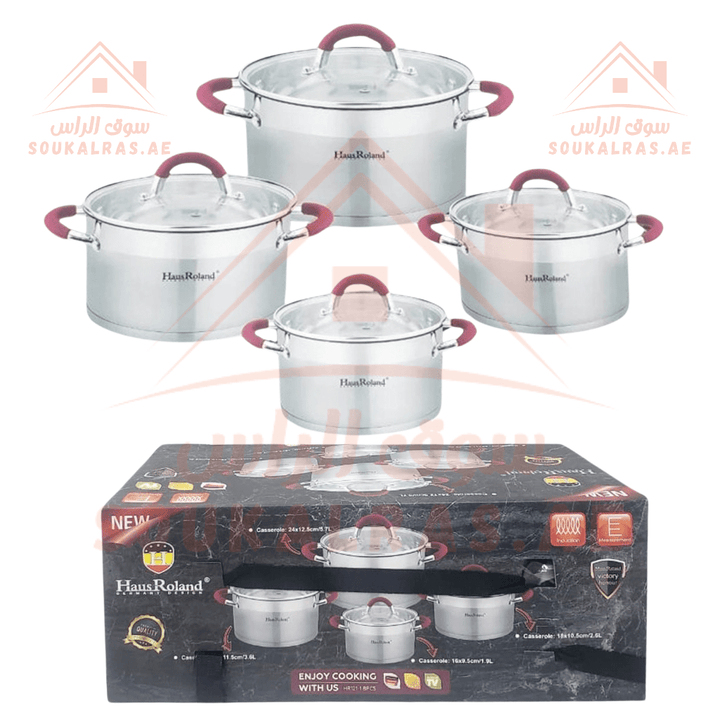 HausRoland 8 - Piece Stainless Steel Cookware Set (5.7L, 3.6L, 2.6L, 1.9L) | German Design | Red Heat - Resistant Handles - Souk Al Ras