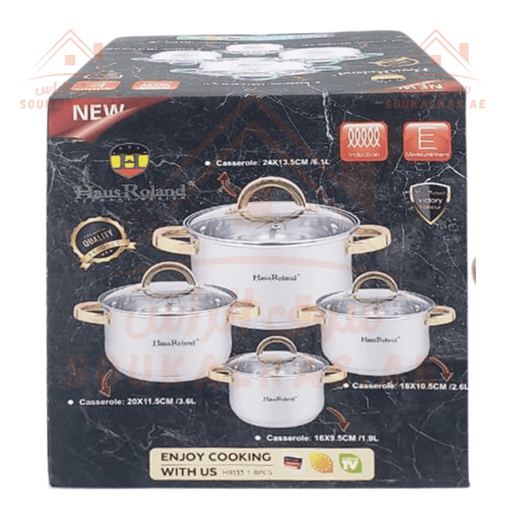 HausRoland 8 - Piece Stainless Steel Cookware Set (6.1L, 3.6L, 2.6L, 1.9L) | German Design | Elegant & Durable Casseroles - Souk Al Ras