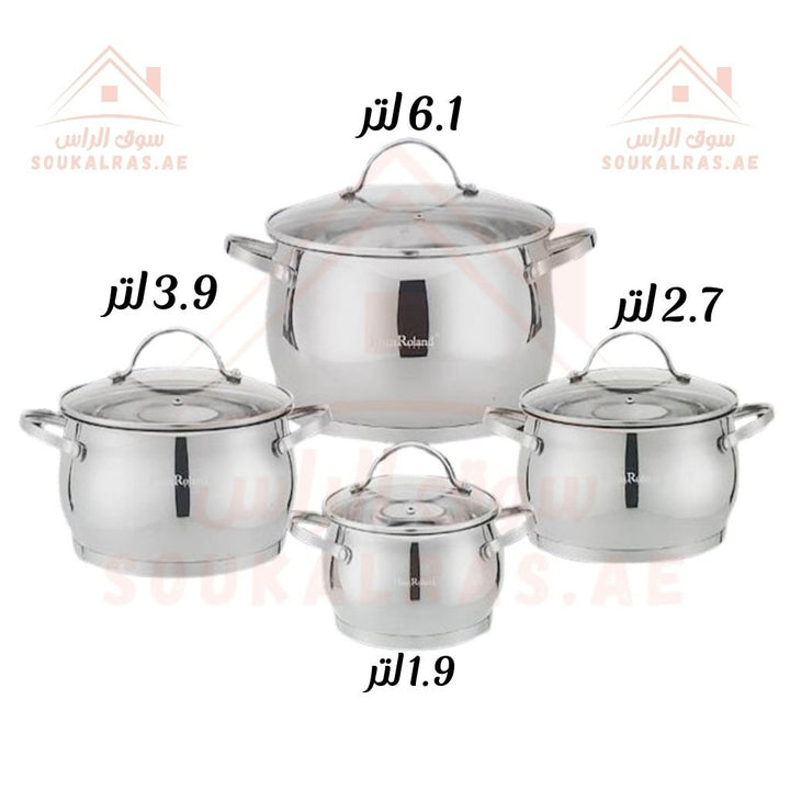 HausRoland 8 - Piece Stainless Steel Cookware Set | (6.1L, 3.6L, 2.7L, 1.9L) | Durable & Elegant | Glass Lids - Souk Al Ras