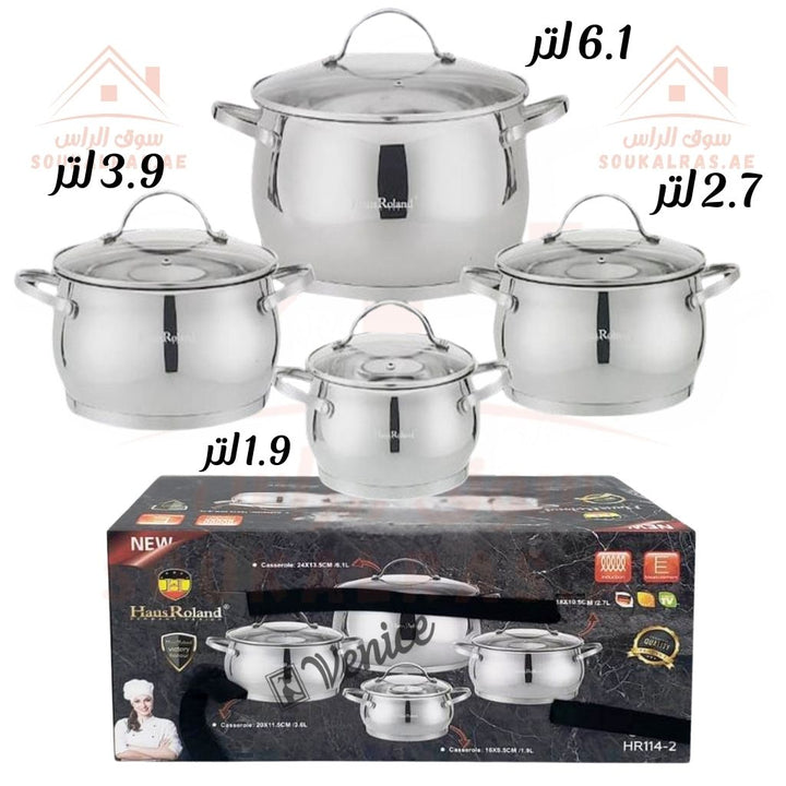 HausRoland 8 - Piece Stainless Steel Cookware Set | (6.1L, 3.6L, 2.7L, 1.9L) | Durable & Elegant | Glass Lids - Souk Al Ras