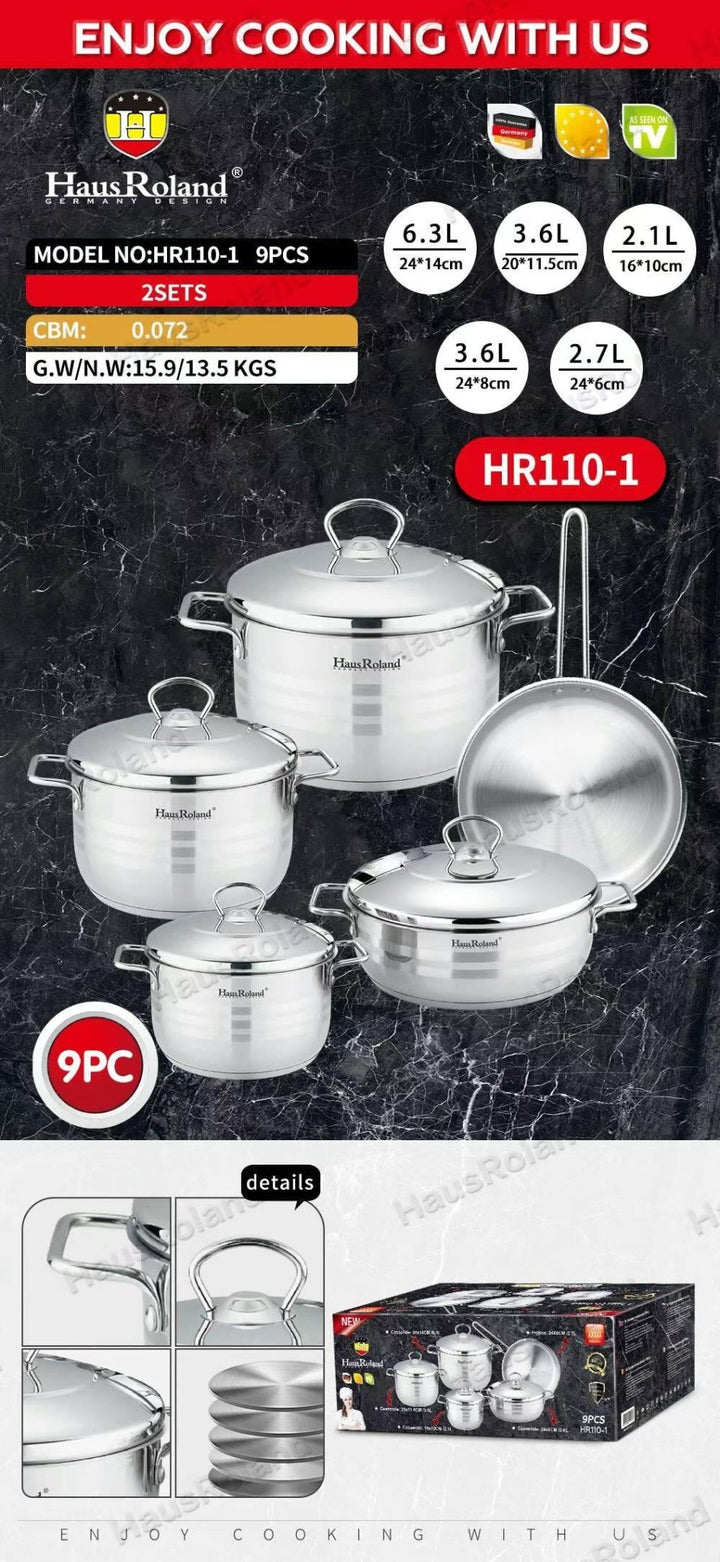 HausRoland 9 - Piece Stainless Steel 18/10| 6.3 L, 3.6 L , 3.6 L , 2.7 L , 2.1 L | Premium Quality Cookware Set Made with German Technology | Durable & Elegant Design - Souk Al RasPots & Pans