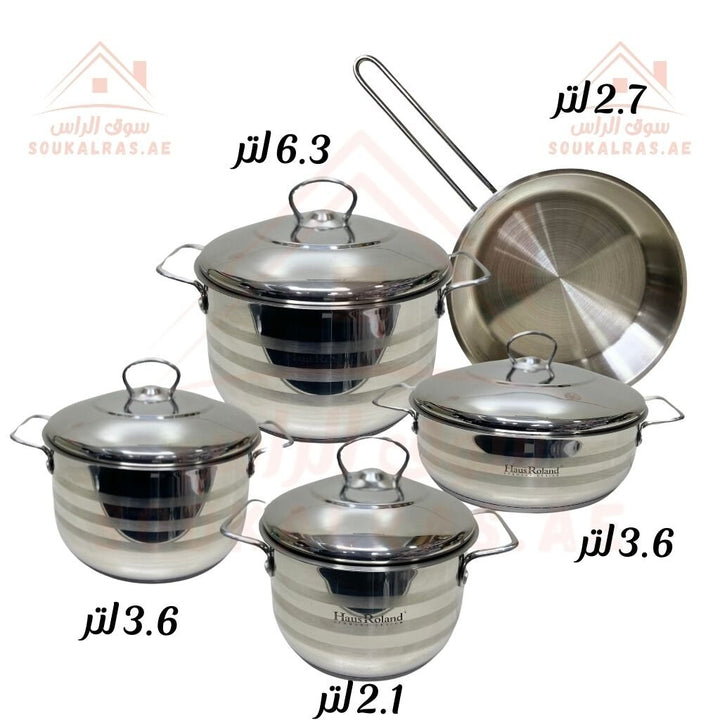 HausRoland 9 - Piece Stainless Steel 18/10| 6.3 L, 3.6 L , 3.6 L , 2.7 L , 2.1 L | Premium Quality Cookware Set Made with German Technology | Durable & Elegant Design - Souk Al RasPots & Pans