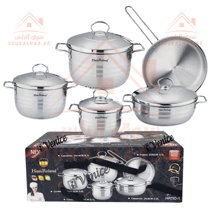 HausRoland 9 - Piece Stainless Steel 18/10| 6.3 L, 3.6 L , 3.6 L , 2.7 L , 2.1 L | Premium Quality Cookware Set Made with German Technology | Durable & Elegant Design - Souk Al RasPots & Pans