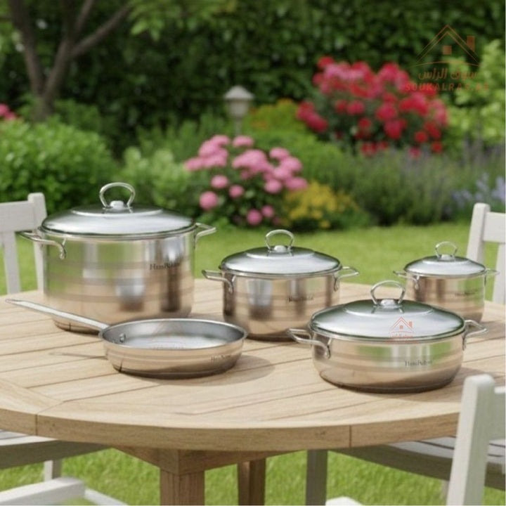 HausRoland 9 - Piece Stainless Steel 18/10| 6.3 L, 3.6 L , 3.6 L , 2.7 L , 2.1 L | Premium Quality Cookware Set Made with German Technology | Durable & Elegant Design - Souk Al RasPots & Pans
