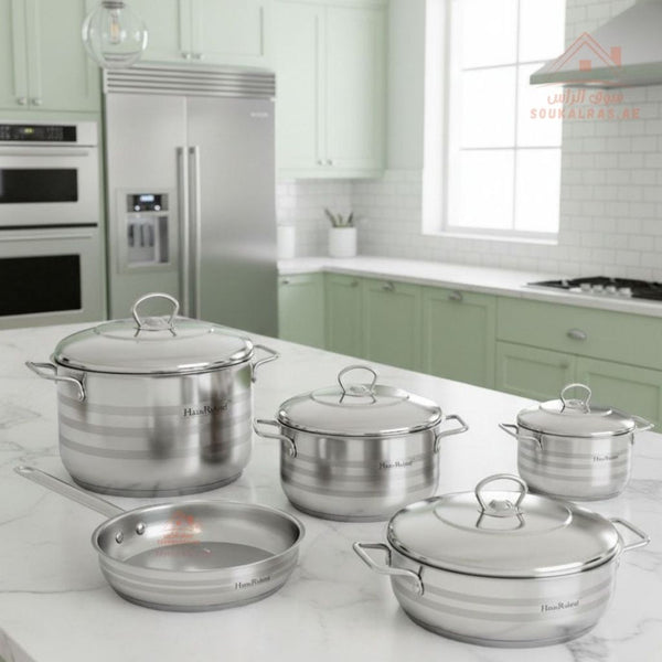 HausRoland 9 - Piece Stainless Steel 18/10| 6.3 L, 3.6 L , 3.6 L , 2.7 L , 2.1 L | Premium Quality Cookware Set Made with German Technology | Durable & Elegant Design - Souk Al RasPots & Pans