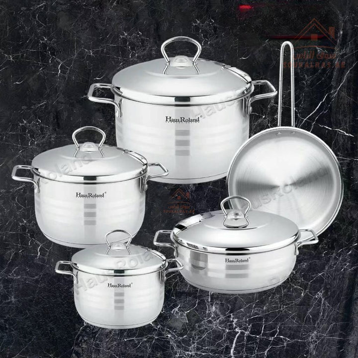 HausRoland 9 - Piece Stainless Steel 18/10| 6.3 L, 3.6 L , 3.6 L , 2.7 L , 2.1 L | Premium Quality Cookware Set Made with German Technology | Durable & Elegant Design - Souk Al RasPots & Pans