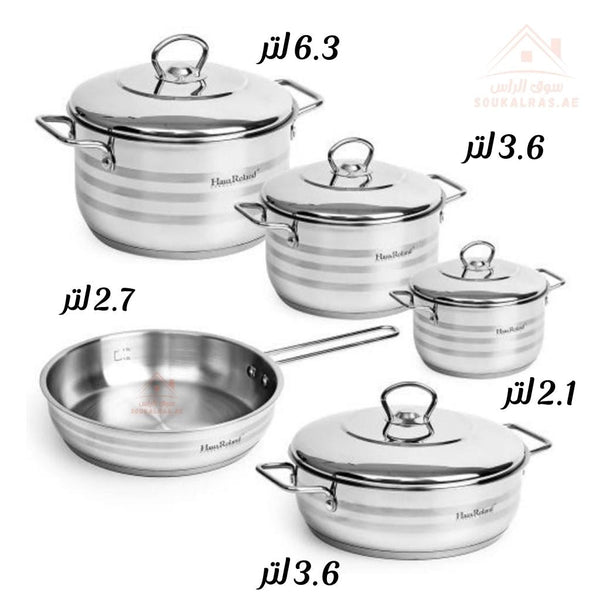HausRoland 9 - Piece Stainless Steel 18/10| 6.3 L, 3.6 L , 3.6 L , 2.7 L , 2.1 L | Premium Quality Cookware Set Made with German Technology | Durable & Elegant Design - Souk Al RasPots & Pans