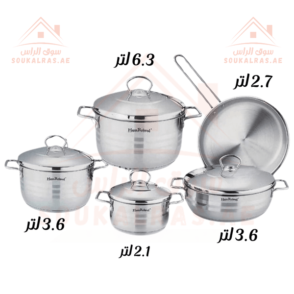 HausRoland 9 - Piece Stainless Steel 18/10| 6.3 L, 3.6 L , 3.6 L , 2.7 L , 2.1 L | Premium Quality Cookware Set Made with German Technology | Durable & Elegant Design - Souk Al RasPots & Pans