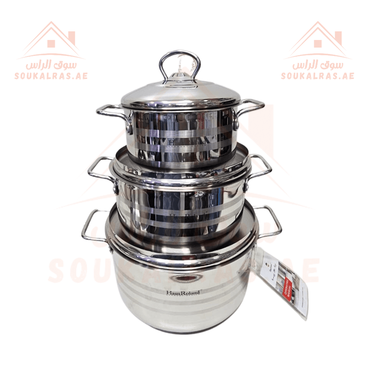 HausRoland 9 - Piece Stainless Steel 18/10| 6.3 L, 3.6 L , 3.6 L , 2.7 L , 2.1 L | Premium Quality Cookware Set Made with German Technology | Durable & Elegant Design - Souk Al RasPots & Pans