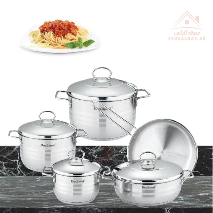 HausRoland 9 - Piece Stainless Steel 18/10| 6.3 L, 3.6 L , 3.6 L , 2.7 L , 2.1 L | Premium Quality Cookware Set Made with German Technology | Durable & Elegant Design - Souk Al RasPots & Pans