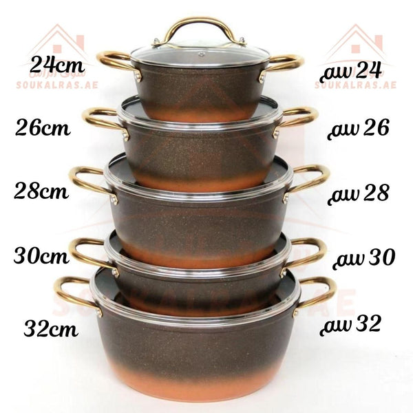 HIGH QUALITY NONSTICK 10 - Piece(24 - 26 - 28 - 30 - 32cm) GRANITE Cookware Set |Granite Pans | Elegant Brown Design . - Souk Al Ras