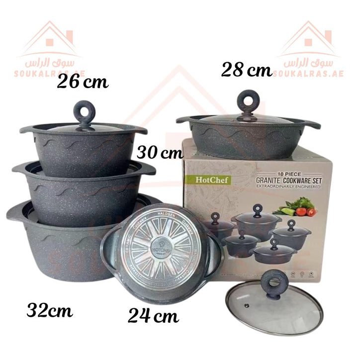 HOT CHEF 10 - Piece(24 - 26 - 28 - 30 - 32 cm ) GRANITE Cookware Set | Non - Stick Granite Pans | Elegant GRAY Design . - Souk Al Ras