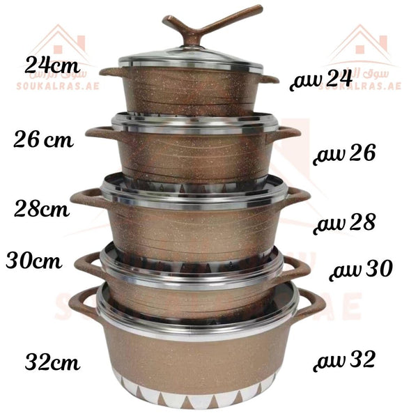 HOT CHEF 10 - Piece(24 - 26 - 28 - 30 - 32cm) GRANITE Cookware Set | Non - Stick Granite Pans | Elegant Brown Design . - Souk Al Ras