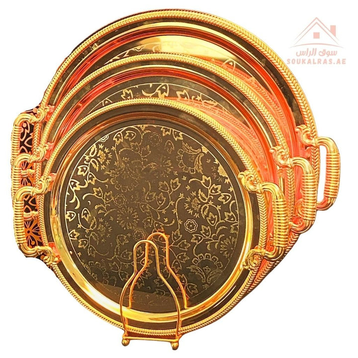HTH Premium Round Serving Tray Set – 3 - Piece Luxury Gold Design | Heavy - Duty Metal | Elegant Floral Engraving | Gift Box Packaging - Souk Al Ras