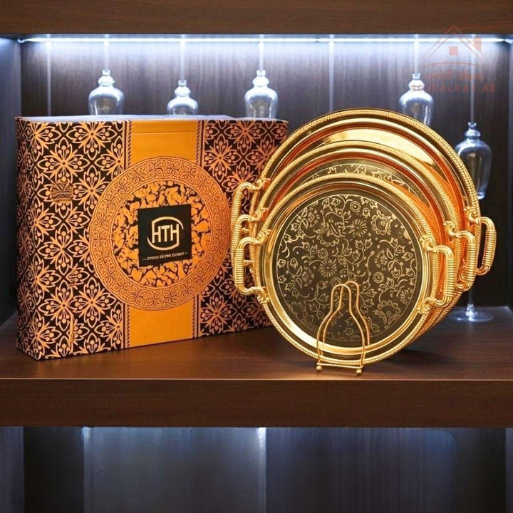 HTH Premium Round Serving Tray Set – 3 - Piece Luxury Gold Design | Heavy - Duty Metal | Elegant Floral Engraving | Gift Box Packaging - Souk Al Ras