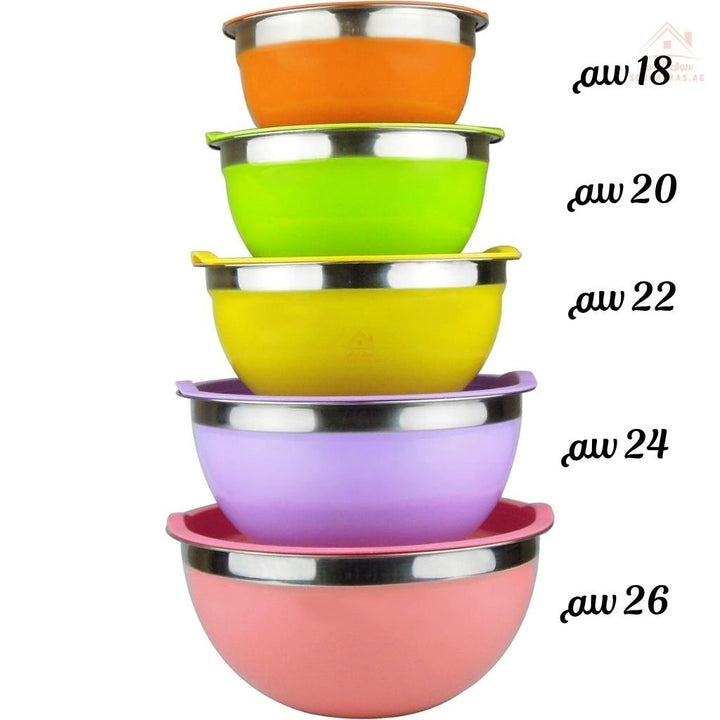 HTH Stainless Steel Salad Bowl Set with Lids 5 PCS | Sizes 18 - 20 - 22 - 24 - 26CM | perfect for mixing, serving, storing, and even meal prepping - Souk Al Ras