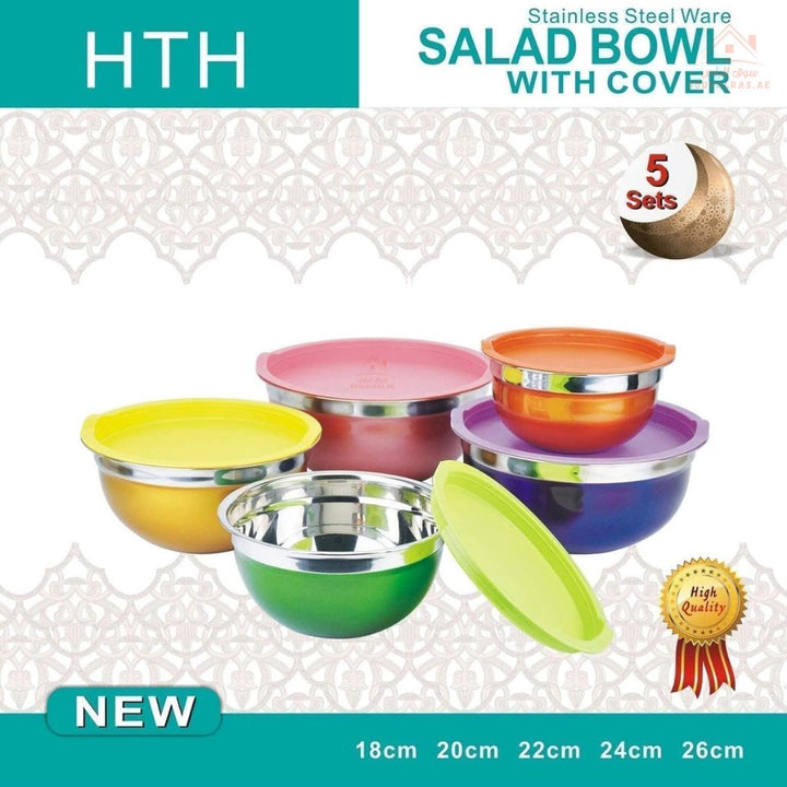 HTH Stainless Steel Salad Bowl Set with Lids 5 PCS | Sizes 18 - 20 - 22 - 24 - 26CM | perfect for mixing, serving, storing, and even meal prepping - Souk Al Ras
