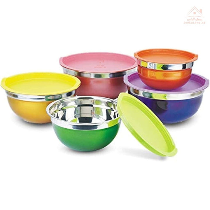 HTH Stainless Steel Salad Bowl Set with Lids 5 PCS | Sizes 18 - 20 - 22 - 24 - 26CM | perfect for mixing, serving, storing, and even meal prepping - Souk Al Ras