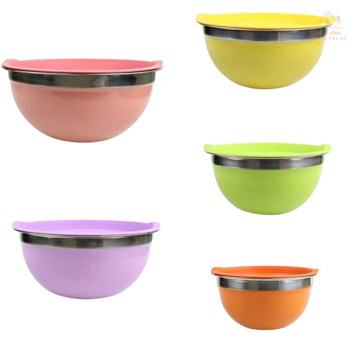 HTH Stainless Steel Salad Bowl Set with Lids 5 PCS | Sizes 18 - 20 - 22 - 24 - 26CM | perfect for mixing, serving, storing, and even meal prepping - Souk Al Ras