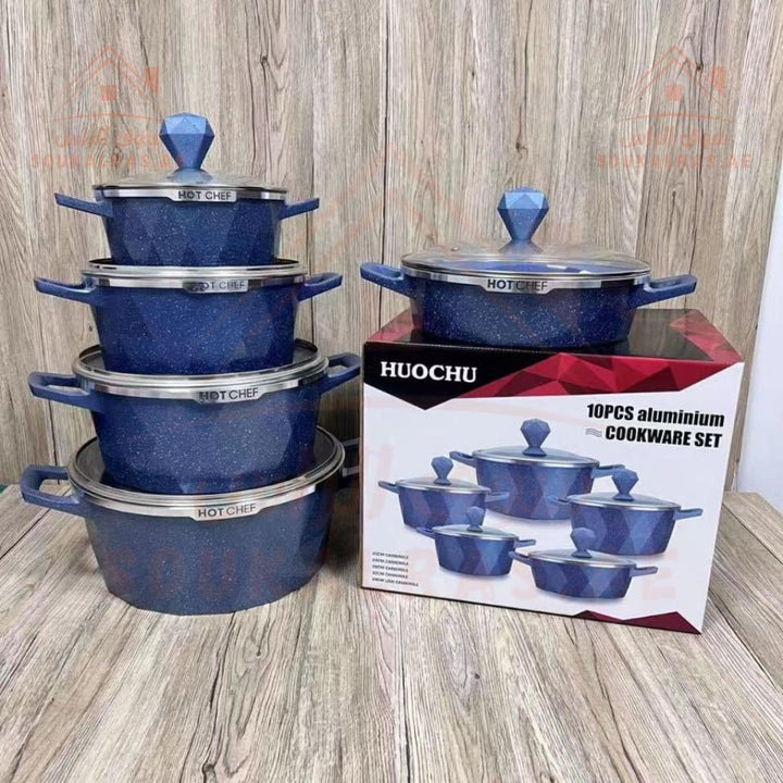 HUOCHU HOT CHEF 10 - Piece(24 - 26 - 28 - 30 - 32 cm) GRANITE Cookware Set | Non - Stick Granite Pans | Elegant Blue Design - Souk Al Ras