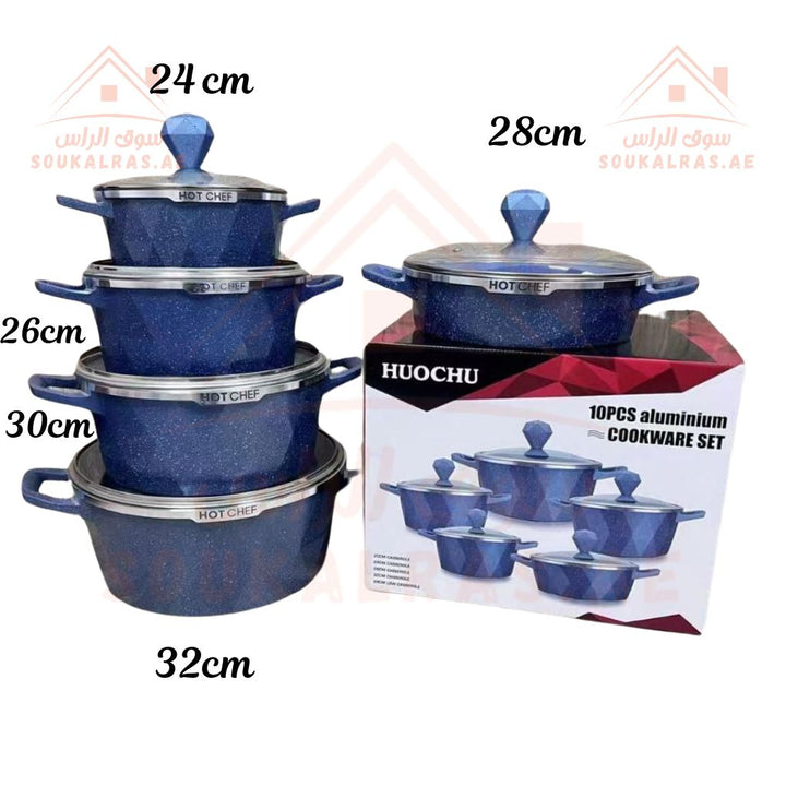 HUOCHU HOT CHEF 10 - Piece(24 - 26 - 28 - 30 - 32 cm) GRANITE Cookware Set | Non - Stick Granite Pans | Elegant Blue Design - Souk Al Ras