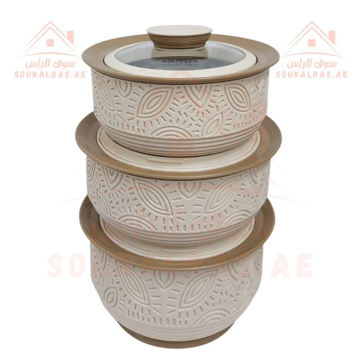 Jaypee Clayo Royale Thermal Insulated Casserole Hot Pot - 3Piece Set (1L, 1.5L, 2L) In Light Beige - Souk Al RasServeware