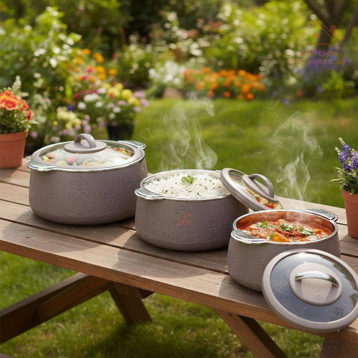 JAYPEE Fabrene Mega Thermal Insulated Casserole Hot Pot Food Warmer set of 3 (1.5L, 2L, 3L) In beige and gray - Souk Al RasServeware