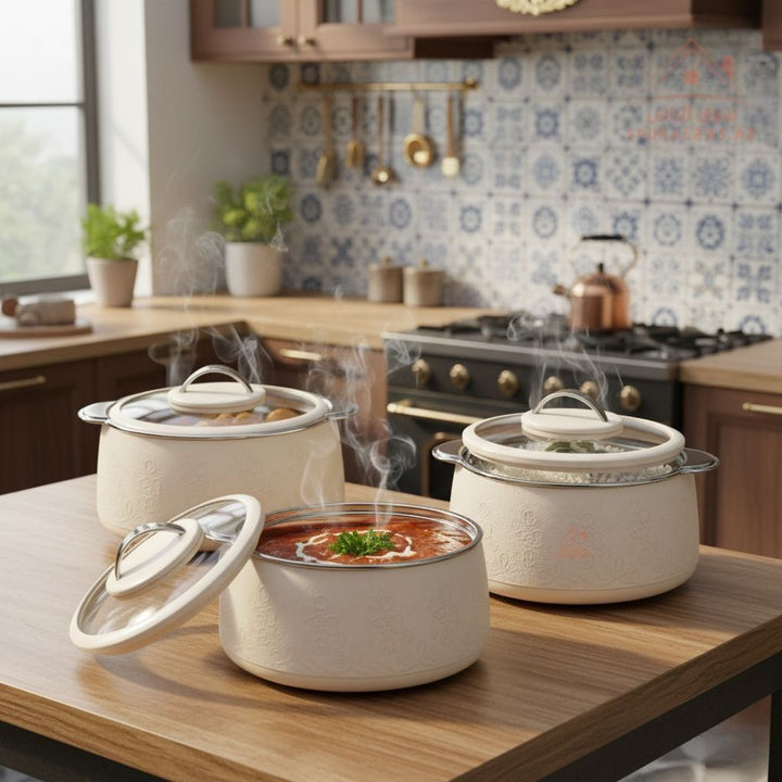 JAYPEE Fabrene Mega Thermal Insulated Casserole Hot Pot Food Warmer set of 3 (1.5L, 2L, 3L) In beige and gray - Souk Al RasServeware