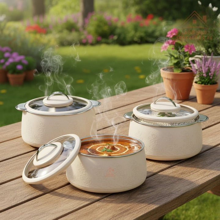 JAYPEE Fabrene Thermal Insulated Casserole Hot Pot Food Warmer set of 3 (1L, 1.5L, 2L) in Cream Color - Made in India - Souk Al RasServeware