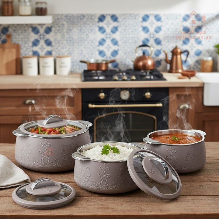 JAYPEE Fabrene Thermal Insulated Casserole Hot Pot Food Warmer set of 3 (1L, 1.5L, 2L) in Cream Color - Made in India - Souk Al RasServeware