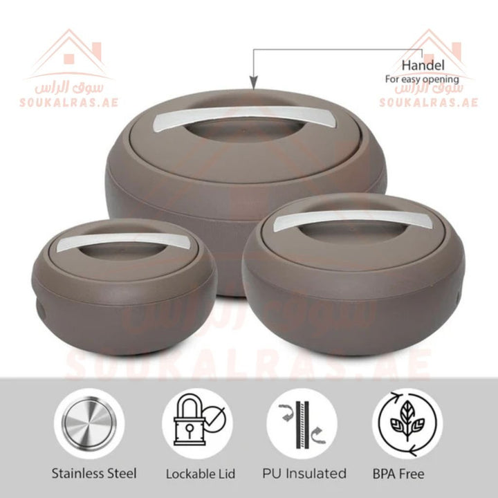 Jaypee Gourmet Mega Thermal Insulated Casserole Hot Pot Food Warmer set of 3 (2 - 3 - 5)Litres in Brown - Souk Al RasJaypee Gourmet Thermal Insulated Casserole Hot Pot Food Warmer