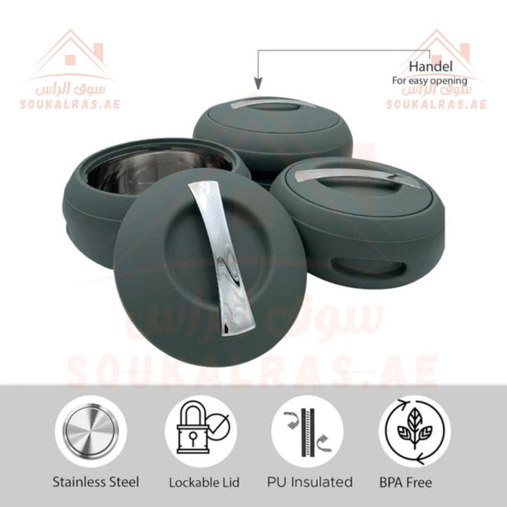 Jaypee Gourmet Mega Thermal Insulated Casserole Hot Pot Food Warmer set of 3 (2 - 3 - 5)Litres in Green - Souk Al RasJaypee Gourmet Thermal Insulated Casserole Hot Pot Food Warmer