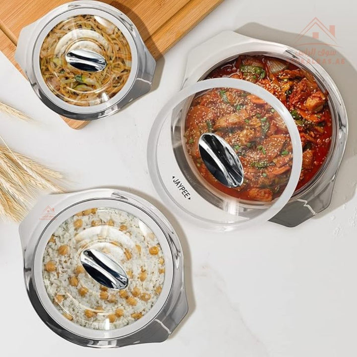 Jaypee Prime Time 3 - Piece Insulated Casserole Set | Premium Stainless Steel Inner | Glass Lid | Elegant White Finish|Made in India - Souk Al Ras